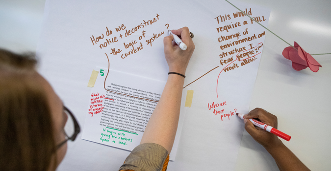 Educators' arms writing on an easel board